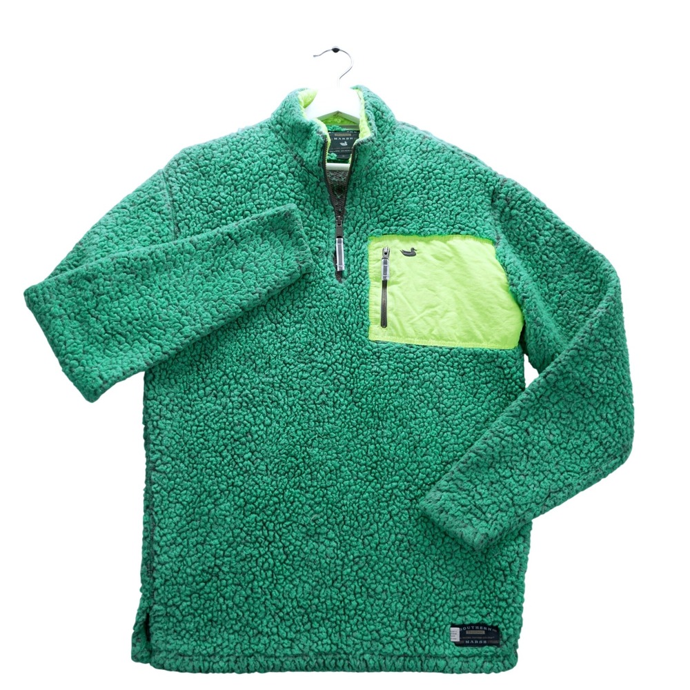 Southern Marsh Mens Blue Green Sherpa Fleece Quarter Zip Pullover Neon Pocket S